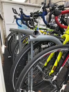 a row of bikes parked next to a garage at Island Place in Bar Harbor