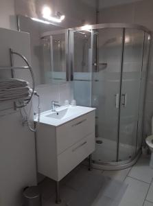 a white bathroom with a shower and a sink at Hotel des Voyageurs in Payzac