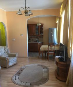- un salon avec un canapé, une télévision et une table dans l'établissement Margo Apartman, à Karlovy Vary