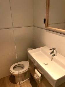 y baño con aseo y lavamanos. en Cévennes - Superbe chambre d'hôtes moderne et indépendante, en Monoblet