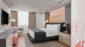 ワシントンにあるHotel Zena Washington DCのベッドと机とテレビがあるホテルの部屋