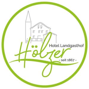 un logo pour un lieu d'hôtel avec dessin d'un bâtiment dans l'établissement Hotel Landgasthof Hölzer, à Fröndenberg/Ruhr