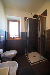 a bathroom with a shower and a toilet and a window at Design Residence Del Passo in Padola