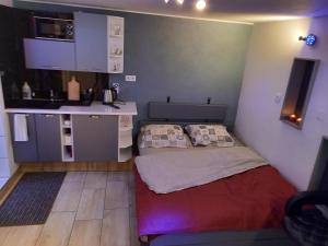 a small room with a bed and a kitchen at 24h Gdynia Mini Apartamenty na kod dostępu & free parking & no keys in Gdynia