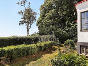 a garden with a row of hedges next to a house at 10 person holiday home in L DERUP in Löderup
