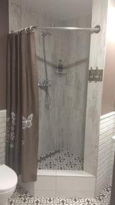a bathroom with a shower with a shower curtain at super apartment on O.Polya 137 in Dnipro