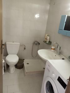 a bathroom with a toilet and a sink and a washing machine at Buganvilla Sea View apts in Agia Pelagia