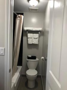 a small bathroom with a toilet and towels at Aquarius Motel in Perth +30 photos