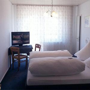 a hotel room with two beds and a desk and a television at Gästehaus Ullmannshof in Kirchheim am Neckar