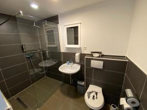 a bathroom with a shower and a toilet and a sink at Art Haus Penthouse Winterberg in Winterberg +87 photos