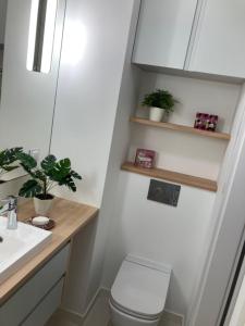 a bathroom with a toilet and a sink and a mirror at Apartament Wiosenna in Białystok