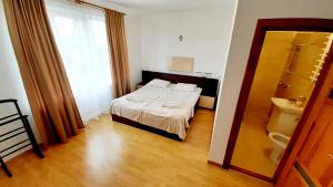 um quarto de hotel com uma cama e uma casa de banho em Оселя Східниця em Skhidnitsa