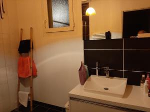een badkamer met een witte wastafel en een spiegel bij CHAMBRE CHEZ L'HABITANT in Saint-Vallier