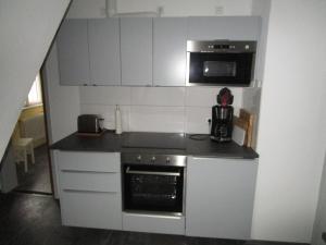a small kitchen with a stove and a microwave at Villa Am Rosenfelspark in Lörrach