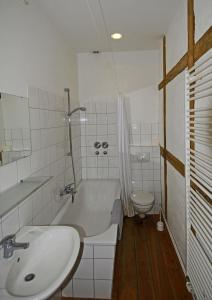 a bathroom with a sink and a tub and a toilet at Gutshaus Thorstorf FeWo Groß Schwansee in Warnow