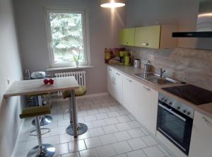 a kitchen with a sink and a table in it at Haus Löwenzahn in Hüttenrode