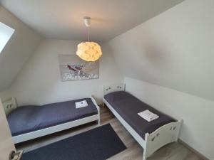ein Zimmer mit 2 Betten und einer Hängeleuchte in der Unterkunft Ferienhaus an der Bergmühle in Flensburg
