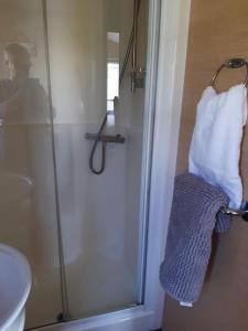 
a bathroom with a shower stall and a toilet at Port Haverigg Holiday Village in Millom
