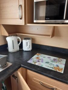 
a kitchen counter with a microwave and a cupboard at Port Haverigg Holiday Village in Millom

