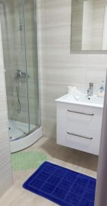 uma casa de banho com um lavatório, um chuveiro e um tapete azul em Apartman Savić em Bar