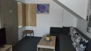 ein Wohnzimmer mit einem Sofa und einem Tisch in der Unterkunft Penzion Kometa in Pasohlávky