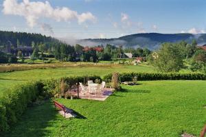 een uitzicht op een veld met een tafel en stoelen bij Pension Wiesengrund in Schluchsee