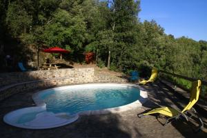 una piscina con un tobogán en un patio en Le Nid des Combes en Dunières-sur-Eyrieux