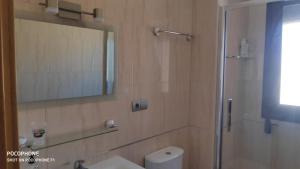 a bathroom with a shower and a sink and a mirror at Apartamento rural en bronchales, Sierra de Albarracín in Bronchales