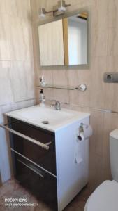 a bathroom with a sink and a mirror and a toilet at Apartamento rural en bronchales, Sierra de Albarracín in Bronchales