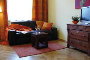 ein Wohnzimmer mit einem schwarzen Sofa und einem Tisch in der Unterkunft Villa Am Park in Erfurt