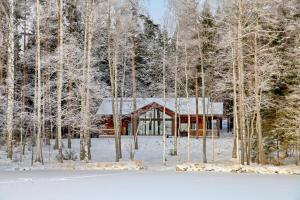 a cabin in the woods with snow on the trees at Luxury lakeside house on Saimaa in Punkaharju