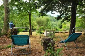 twee stoelen in een tuin onder een boom bij le relais des fees in Saint-Martin-de-Caralp