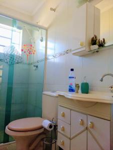 a bathroom with a toilet and a shower and a sink at Chalé dos Alpes I em Monte Verde in Monte Verde