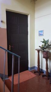 a black door in a room with a potted plant at Kaimo apartamentai! in Budraičiai