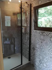 La salle de bains est pourvue d'une douche avec une porte en verre. dans l'établissement Chalet du dry la roche., à Vielsalm