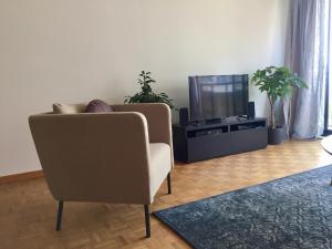 een woonkamer met een bank en een televisie bij Rustig appartement met zeezicht dicht bij het centrum in Oostende