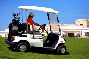un hombre sentado en un carro de golf en el césped en Pueblo Bonito Emerald Luxury Villas & Spa All Inclusive, en Mazatlán