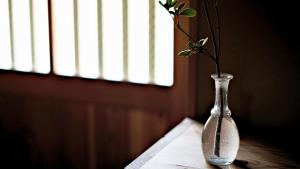 a glass vase with a flower in it on a table at Kokonoe Machiya in Kyoto