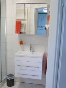 a bathroom with a white sink and a mirror at Gästezimmer in Aspach in Aspach