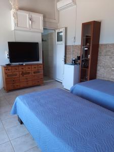 a bedroom with two beds and a flat screen tv at Anatoli Studios in Áyios Fokás