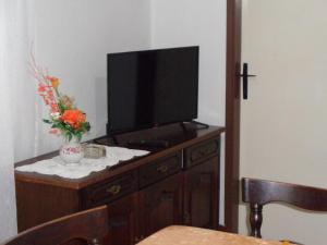 a television on a wooden dresser with a vase of flowers at APARTMAN ZORAN MARUSIC in Marusici 