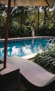 stół i krzesło obok basenu w obiekcie Ubud Hotel & Cottages w mieście Malang
