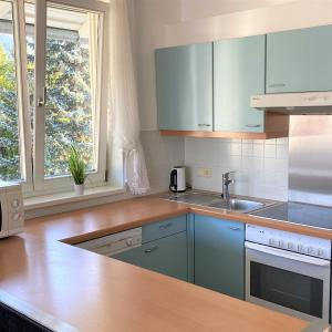 a kitchen with blue cabinets and a sink and a window at Haus Silent - Mountain View in Schladming