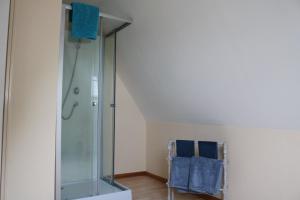 una doccia in vetro in bagno con sedia blu di Auberge des Chevaliers a Canlers Altre 63 foto