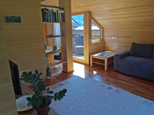 a living room with a blue couch and a window at Ferienwohnung auf der Scheibe in Bezau