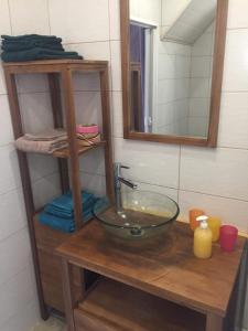 a bathroom with a bowl sink and a mirror at Petite maison au cœur de l Auvergne in Jumeaux
