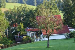 uma casa com um telhado vermelho e uma árvore em Ferienhaus Dani em Bad Gottleuba