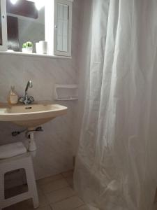 a bathroom with a sink and a shower curtain at Joanna studios -apartment in Acharavi