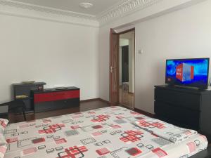 Center Apartment في غالاتس: غرفة نوم بسرير وتلفزيون بشاشة مسطحة