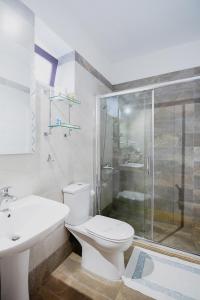 uma casa de banho com um WC, um chuveiro e um lavatório. em Melies Hotel em Kokkinórrakhi